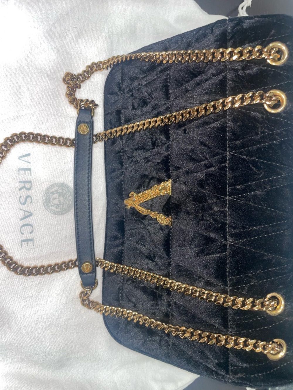 Versace Black Quilted Velvet Shoulder Bag with Gold V and Gold Hardware Chain - Picture 7 of 17